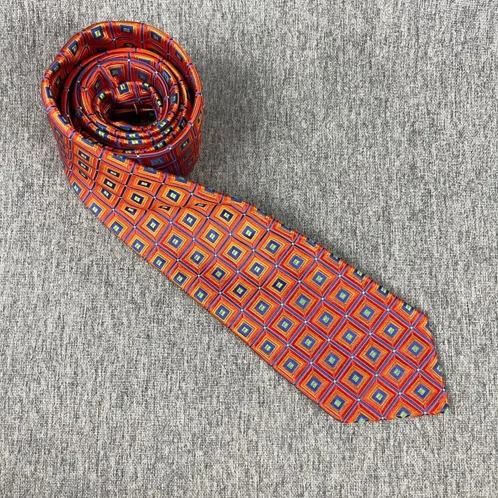 Ted Baker London 100% Silk Necktie Mens Orange Blue Geometric‎ Woven USA Made
